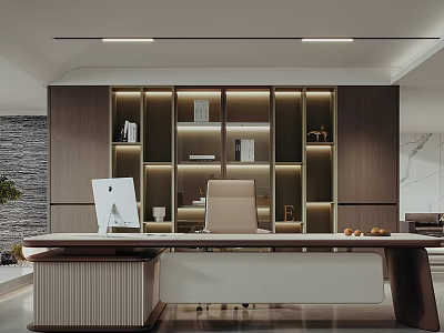 Modern Office Interior Featuring Wooden Bookshelf Marble Desktop Computer Office Chair And Recessed Lighting 3d model