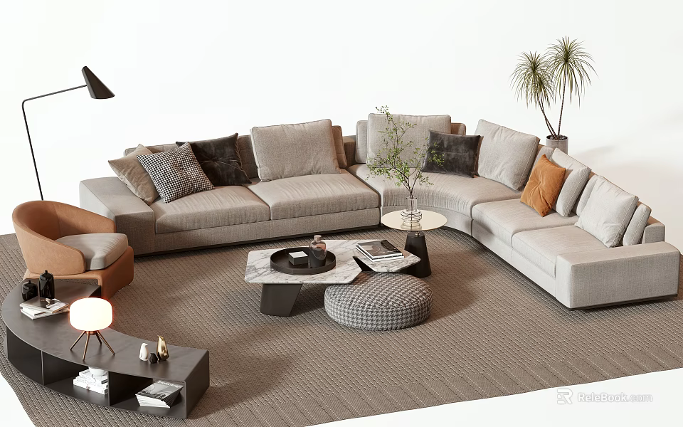 Modern Light Gray L-shaped Sofa and Coffee Table Set with Ottoman Potted Plant on Rug 3d model 