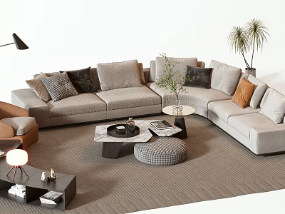 Modern Light Gray L-shaped Sofa and Coffee Table Set with Ottoman Potted Plant on Rug 3d model