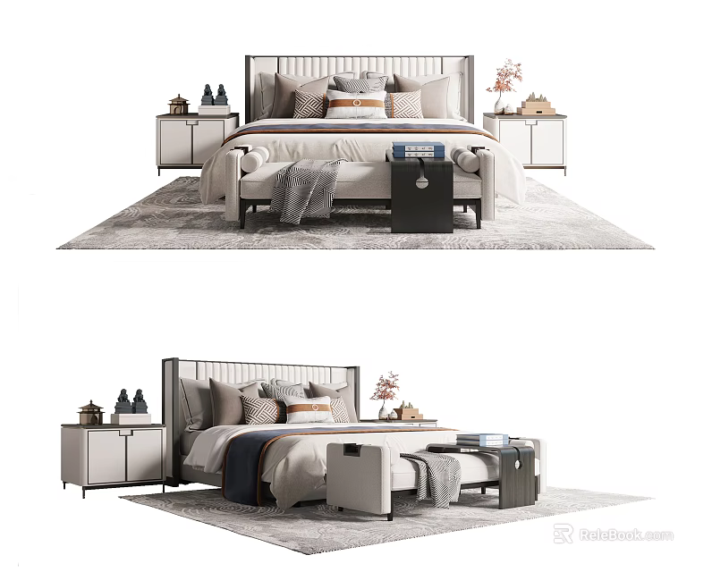 Modern Double Bed Interior With Bedside Tables Decorative Pillows And Rug 3d model