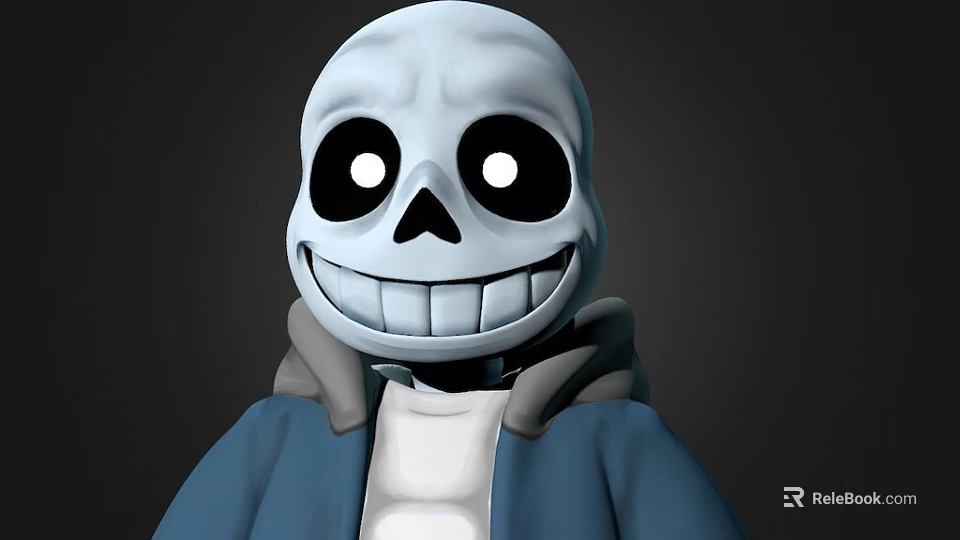 Cartoon Skeleton Character In Blue Hoodie With White Body Black Large Eyes And Smiling Expression 3d model