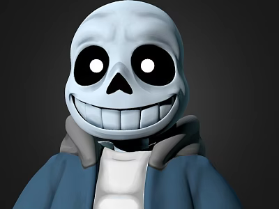 Cartoon Skeleton Character In Blue Hoodie With White Body Black Large Eyes And Smiling Expression 3d model