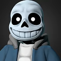 Cartoon Skeleton Character In Blue Hoodie With White Body Black Large Eyes And Smiling Expression 3d model