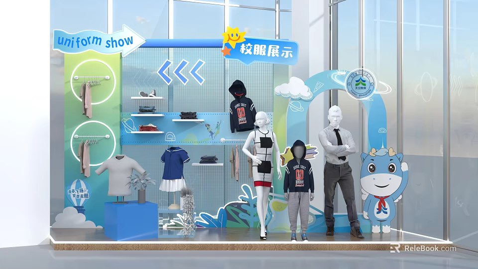 Uniform Show Window Display With Mannequins Tshirts Skirts And Cartoon Decorations 3d model 