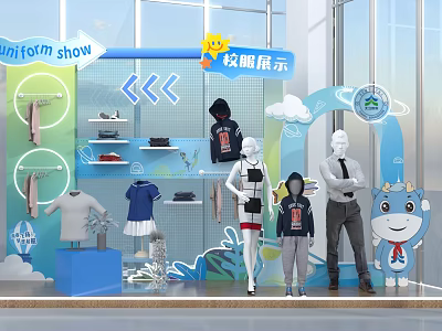 Uniform Show Window Display With Mannequins Tshirts Skirts And Cartoon Decorations 3d model