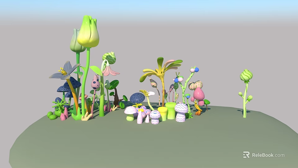 Colorful Garden Flowers And Plants With Green Stems Leaves And Decorative Mushrooms 3d model 