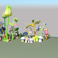 Colorful Garden Flowers And Plants With Green Stems Leaves And Decorative Mushrooms