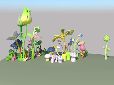 Colorful Garden Flowers And Plants With Green Stems Leaves And Decorative Mushrooms 3d model