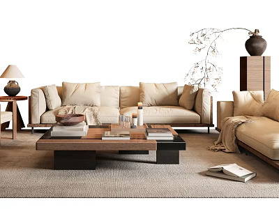 Modern Beige Sofa and Wooden Coffee Table Set with Side Table Lamp Vase and Rug 3d model