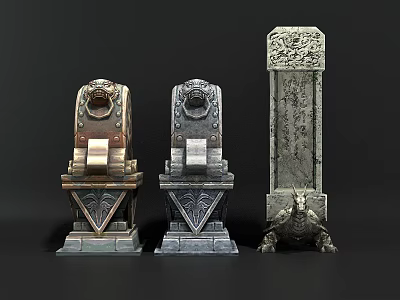 Ancient Carved Stone Monuments With Decorative Bases And Intricate Designs 3d model