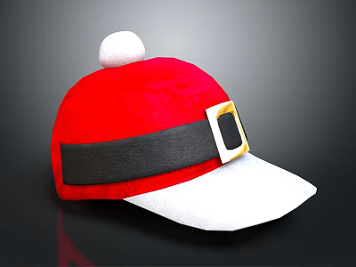 Red Santa Style Hat with White Pom Pom Black Band Gold Buckle and White Brim 3d model
