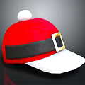 Red Santa Style Hat with White Pom Pom Black Band Gold Buckle and White Brim
