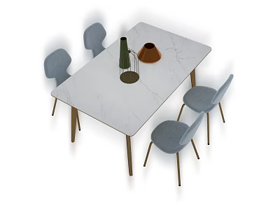 Rectangular White Marble Dining Table Set With Metal Legs And Four Light Gray Chairs 3d model
