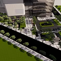 Modern Plaza Landscape with Glass Building Trees Geometric Pavement Umbrella Seating and Pedestrians