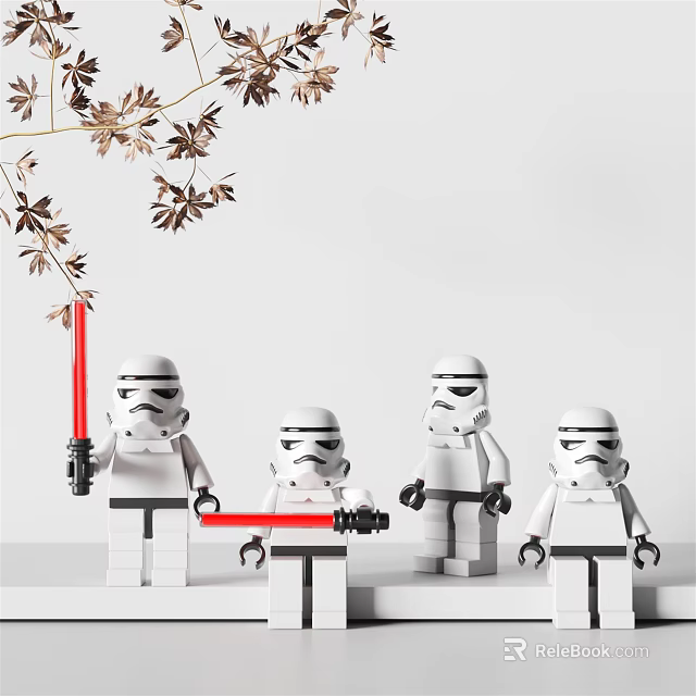 Lego Stormtrooper Dolls Four Figures Holding Red Lightsabers With White Background And Decorative Branches 3d model 