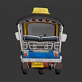 Blue Three Wheeler Motorcycle With Black Roof Yellow Light Red Wheels And Rear Railings