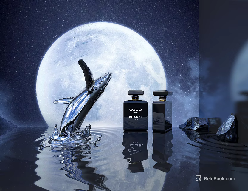 Elegant Perfume Bottles With Moon Starry Sky Leaping Whale Water Surface Stones 3d model 