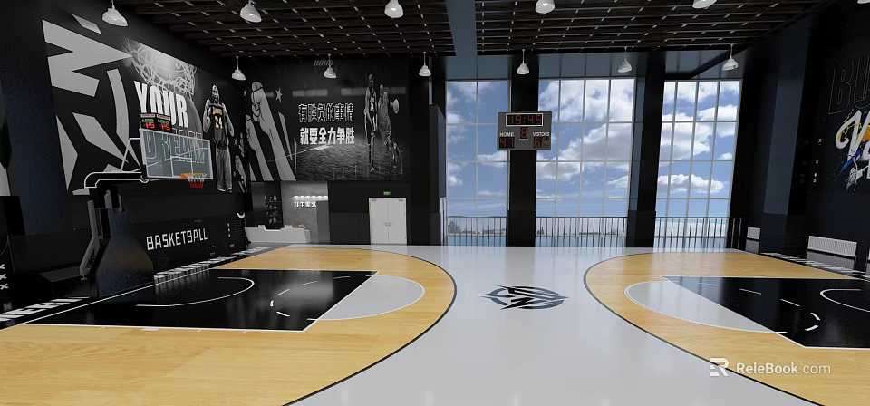 Modern Basketball Court Interior With Wooden Floor Large Windows Wall Murals And Ceiling Lights 3d model 