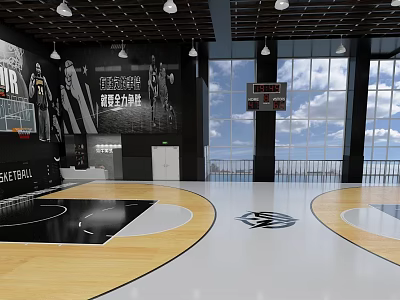 Modern Basketball Court Interior With Wooden Floor Large Windows Wall Murals And Ceiling Lights 3d model