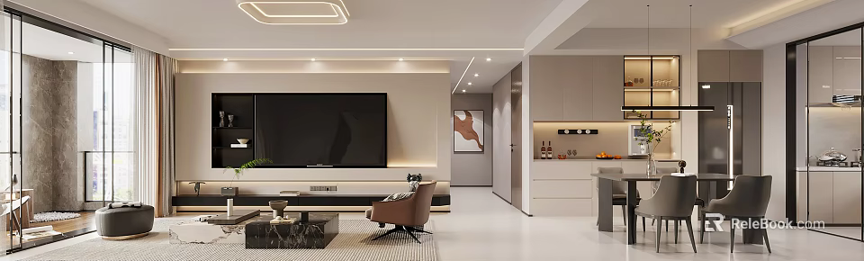 Modern Living and Dining Room Interior With TV Wall Sofa And Decorative Painting 3d model 