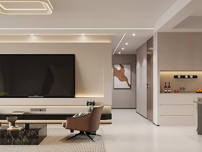 Modern Living and Dining Room Interior With TV Wall Sofa And Decorative Painting 3d model