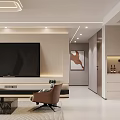Modern Living and Dining Room Interior With TV Wall Sofa And Decorative Painting