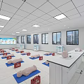 Modern Computer Classroom Interior with Rows of Computer Desks and Large Front Screen 3d model