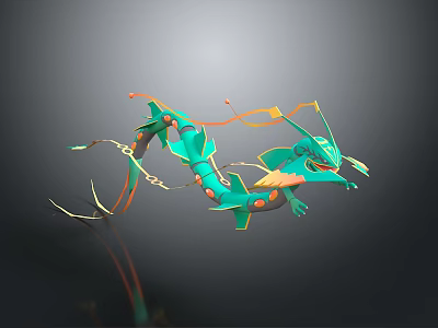 3D Rendered Green Dragon Creature With Blue Yellow Accents Chains And Ribbons 3d model