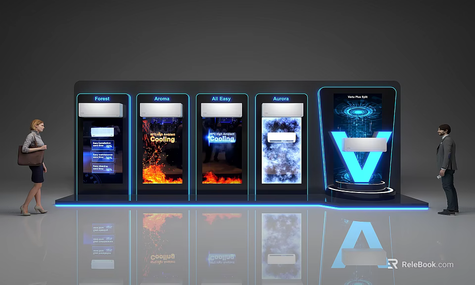 Futuristic Tech Display Stand With Multiple Interactive Screens And Illuminated V Logo 3d model