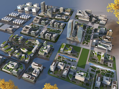 Modern Industrial Factory Layout in Urban Planning with Green Spaces and Facilities 3d model