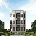 Tall Modern Residential Building Exterior With Many Windows Surrounded By Trees And Blue Sky