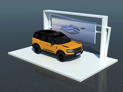 Yellow SUV Car Showcased On White Display Stand With Back Screen Displaying Abstract Design 3d model