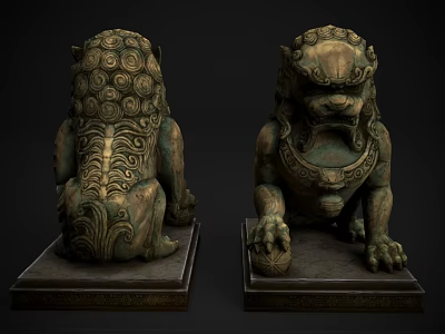 Intricately Carved Stone Lion Sculptures With Detailed Patterns And Curled Mane On Pedestal 3d model