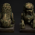 Intricately Carved Stone Lion Sculptures With Detailed Patterns And Curled Mane On Pedestal