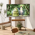 TV Displaying Girl And Green Creature In Forest Room With Wooden Floor White Blinds Plant