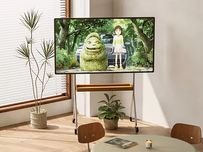 TV Displaying Girl And Green Creature In Forest Room With Wooden Floor White Blinds Plant 3d model