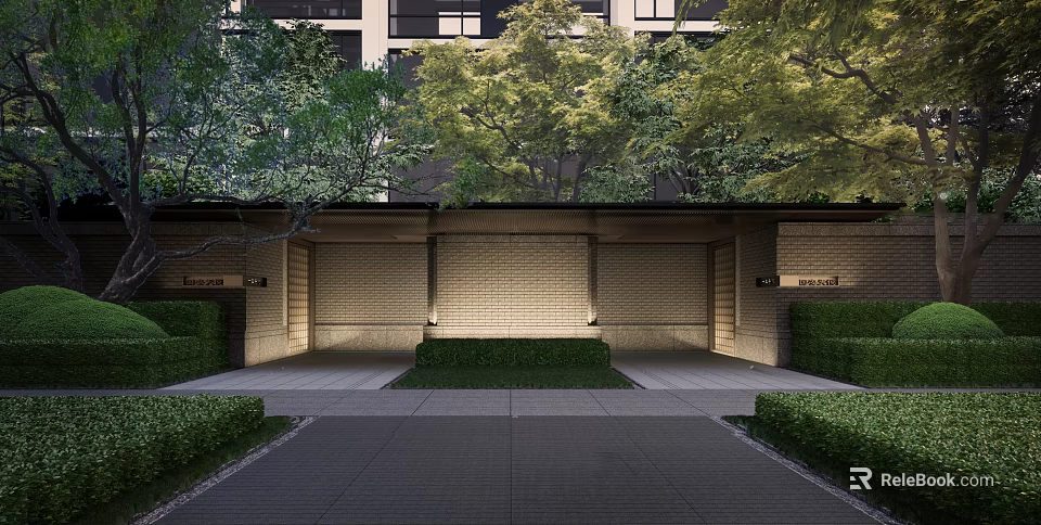 Modern Entrance Gate with Brick Wall and Lush Shrubs Along Illuminated Driveway 3d model 
