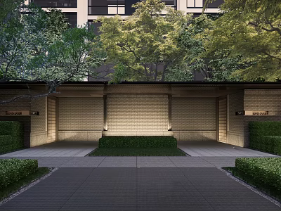 Modern Entrance Gate with Brick Wall and Lush Shrubs Along Illuminated Driveway 3d model