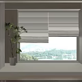 Light Colored Roman Blinds For Indoor Window With Green Plant And Lake View Cityscape