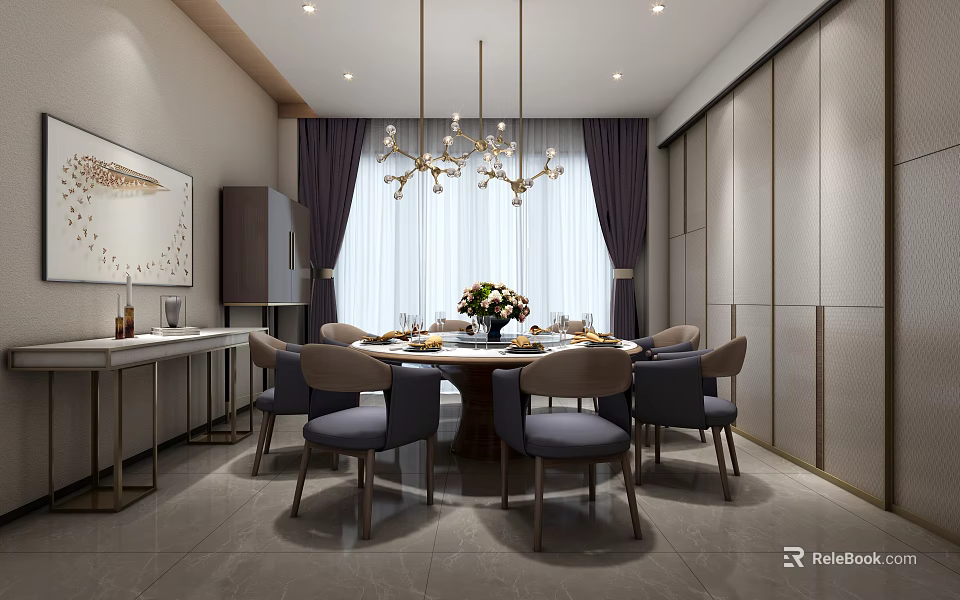 Luxurious Dining Box Interior With Round Table Gray Chairs And Chandelier 3d model