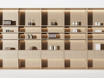 Modern Wooden Decorative Cabinet With Multi Layered Shelves And Display Compartments And Stylish Decorative Items 3d model