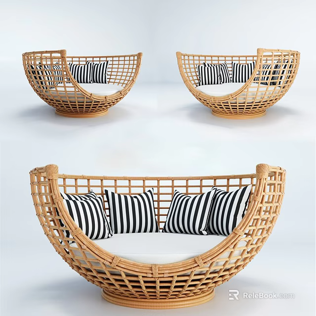 Wicker Leisure Chair With Curved Design And Black White Striped Cushions 3d model 