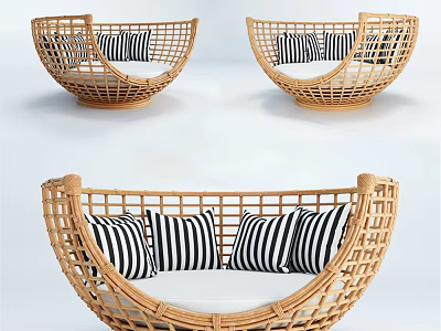 Wicker Leisure Chair With Curved Design And Black White Striped Cushions 3d model