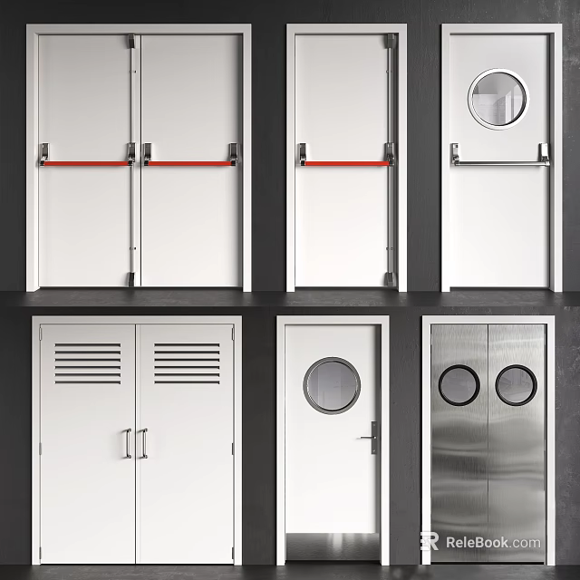 Various Door Designs With Red Handle Round Window Louvered Panels And Metal Surface 3d model 