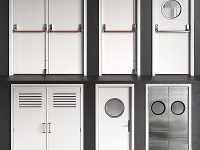 Various Door Designs With Red Handle Round Window Louvered Panels And Metal Surface 3d model