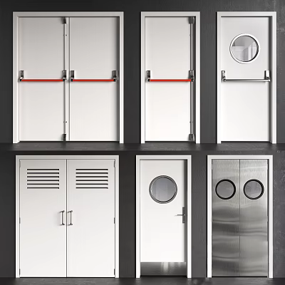 Various Door Designs With Red Handle Round Window Louvered Panels And Metal Surface 3d model