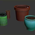 Colorful Containers Arrangement Featuring Green Striped Can Red Buckets And Blue Ceramic Pot