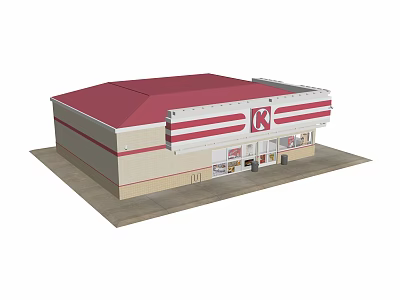 Retail Store Building With Red Roof White Stripes K Logo And Front Entrance 3d model