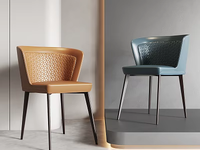 Modern Dining Chairs With Brown And Blue Perforated Backrest Leather Seat And Metal Legs 3d model
