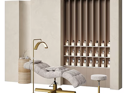Medical Treatment Table In Modern Beauty Clinic Interior With Wooden Shelf And Bottled Products 3d model
